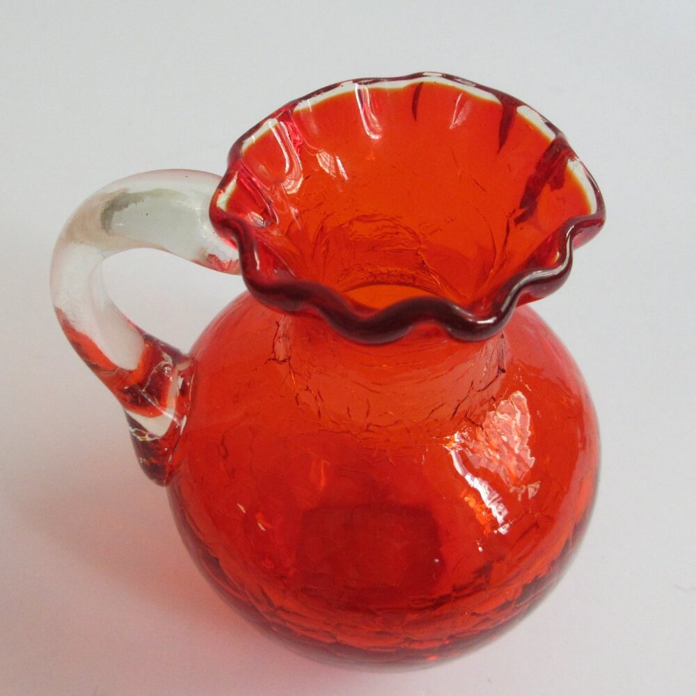 2 Red Crackle Glass Ruffled Top Clear Handle Mini Pitcher Bud Vase 4" - Picture 3 of 16